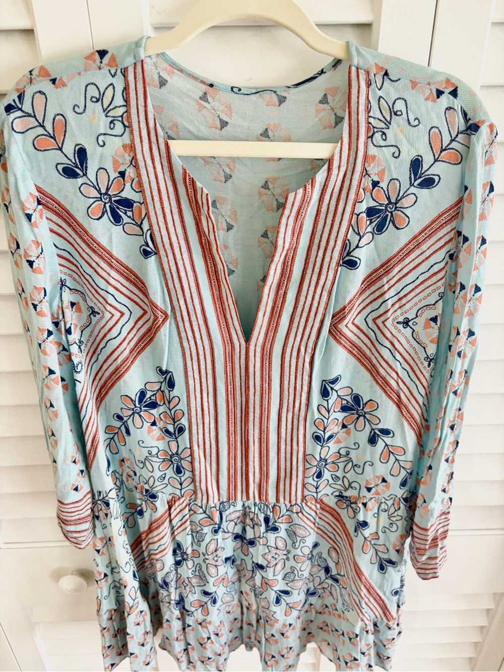 Dalia Mint Blue-Green Dress Floral & Stripe Mixed Print Boho Tunic Mini Dress L - Picture 4 of 12